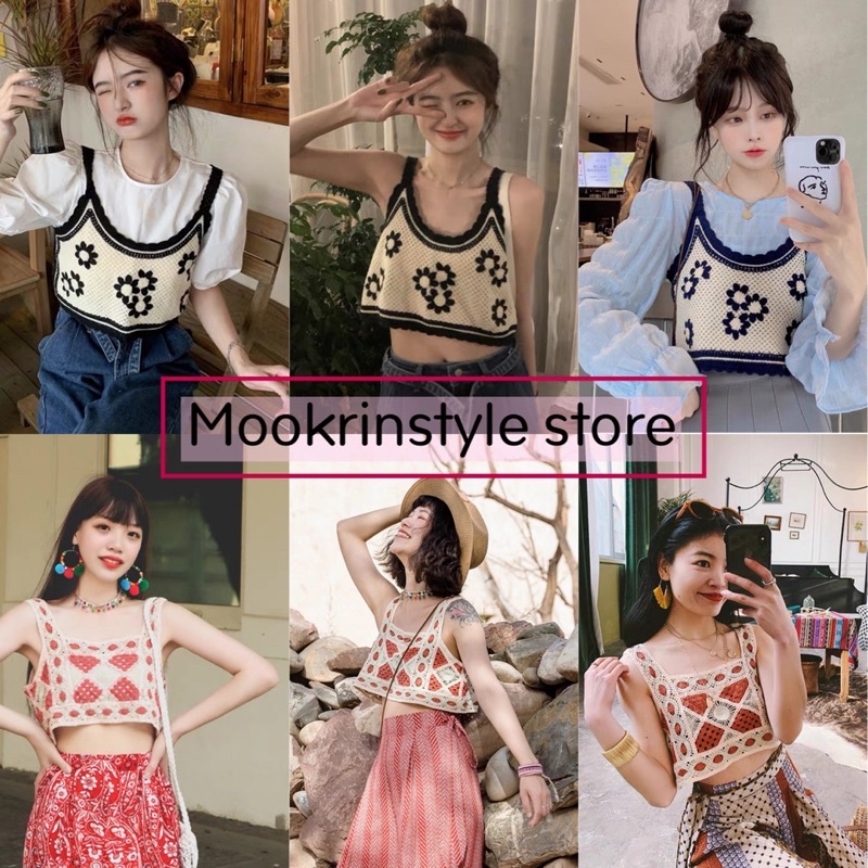 🍑Mookrinstyle🍑เสื้อสายเดี่ยวสไตล์โบฮีเมียน งานถักสลับสีสวยมาก