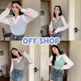 OFF SHOP พร้อมส่ง (OFF-50055-1) เสื้อไหมพรมคอปกแขนยาวชีฟอง ดีเทลลายทางน่ารักคิ้วมาก