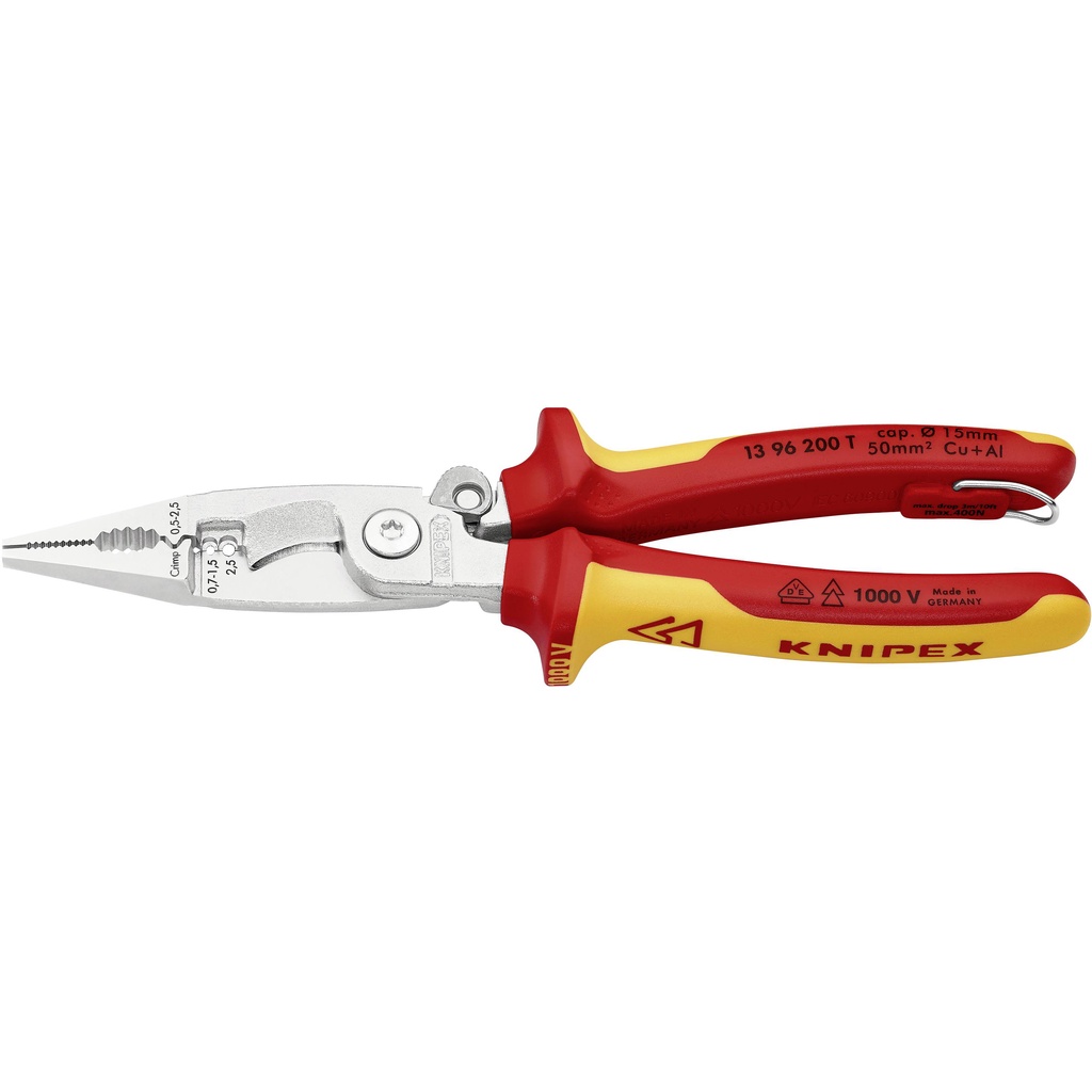 คีมปอกสายไฟ KNIPEX NO.13 96 200 T Pliers for Electrical Installation with Tether Attachment Point, 200mm.