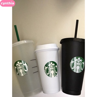 Starbucks แก้วน้ําพลาสติกใส พร้อมฝาปิด และหลอดดูด สีดํา ใช้ซ้ําได้