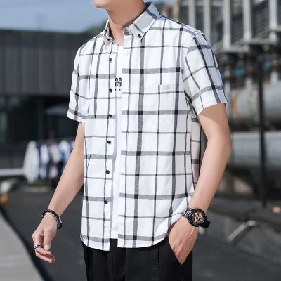 เสื้อเชิ้ตแขนสั้นผู้ชาย ผ้าฝ้ายลายสก๊อต สไตล์เกาหลี thumbnail 5