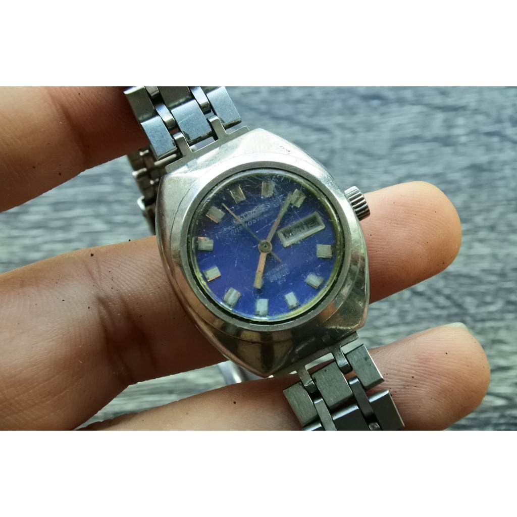 นาฬิกา Vintage มือสองญี่ปุ่น CITIZEN COSMO STAR DATE ระบบ AUTOMATIC ผู้หญิง ทรงกลม กรอบเงิน หน้าสีน้ำเงิน หน้าปัด 30mm