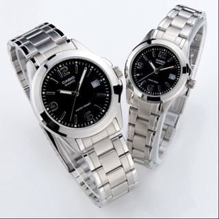 นาฬิกาคู่รัก Casio รุ่น MTP-1215A-1A , LTP-1215A-1A สายแสตนเลส หน้าปัดดำ (สินค้าขายดี) - ของแท้ 100% ประกันศูนย์ 1ปีเต็ม