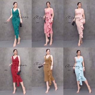 เดรสสั้น เดรสยาว เดรส ชุดใส่ออกงาน เดรสแขนกุดสายเดี่ยว 1 ข้าง ผ้าซาร่าเงา แต่งระบายคลีบปลาย้วยๆ สวยมีซิปหลัง