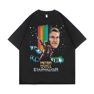 ROUND คอลูกเรือเสื้อยืด ขนาดใหญ่ พิมพ์ลาย Psycho Crucify Starwalker Peter Quill | สีดํา | เสื้อยืด ขนาดใหญ่ | สไตล์วินเท