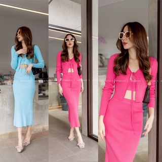 Code : M494 ชุดสีสดใส set สายเดี่ยวไหมพรม + คาดิแกน + กระโปรง งานป้าย Vshop