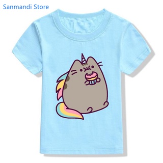 Kawaii เสื้อยืด พิมพ์ลายการ์ตูนแมว Pusheen ตลก สีฟ้า แฟชั่นฤดูร้อน สําหรับเด็กผู้ชาย ผู้หญิง