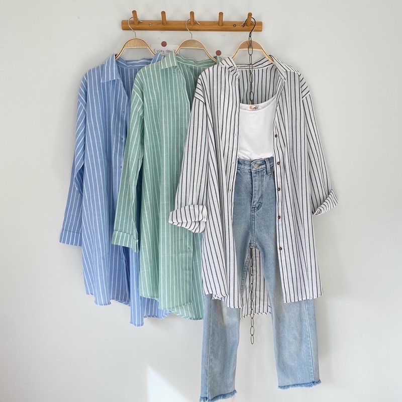 STRIPED DRESS SHIRTตัวยาว>>มีสีพื้นด้วยค่ะ