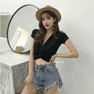 🔥เสื้อครอปแขนสั้น ทวิตหน้าผ้าเรย่อน