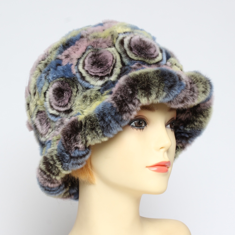 Winter Women Luxury Flowers Natural Real Rex Rabbit Fur Caps Lady ...