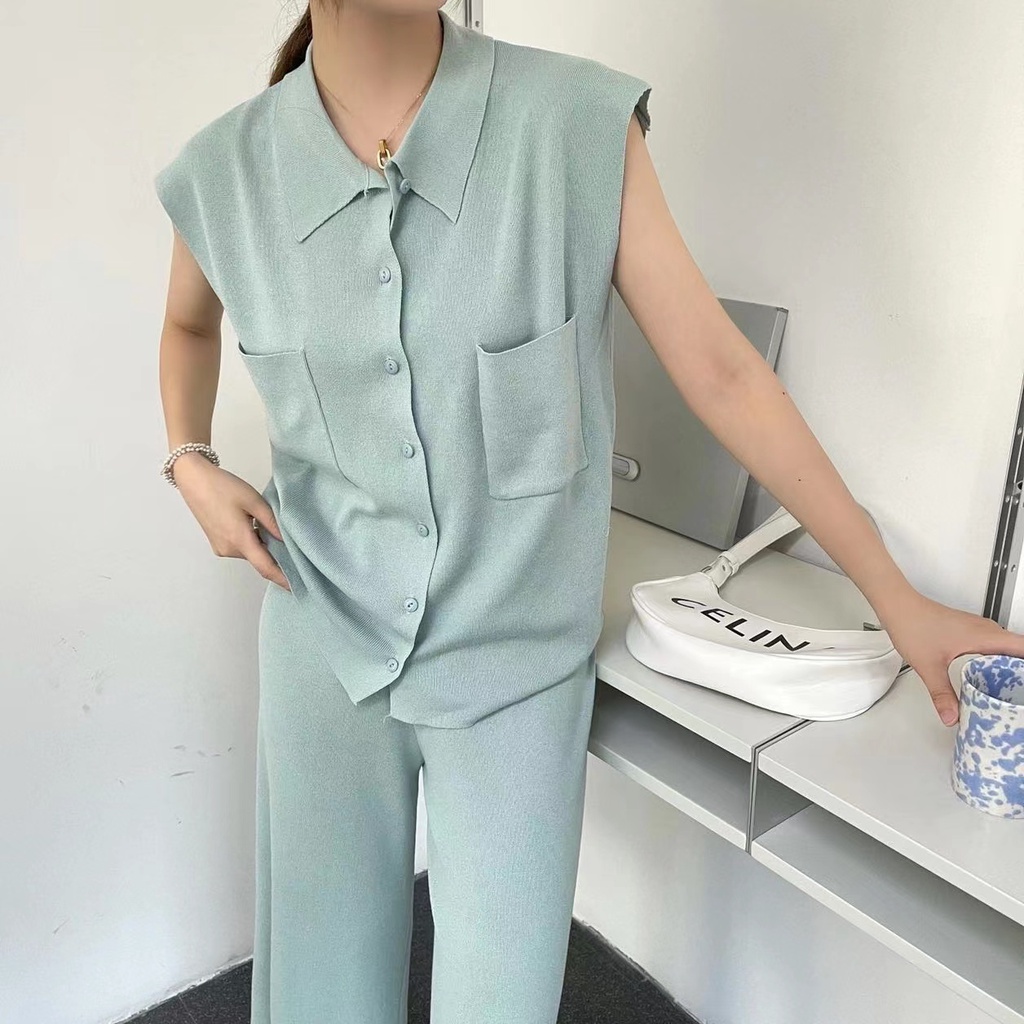 Cicishop(9144)เซตเสื้อแขนกุดคอปก+กางเกงผ้าไหมพรมknit กระดุมผ่ากลางมีดีเทลกระเป๋าตรงอก - รูปที่ 6