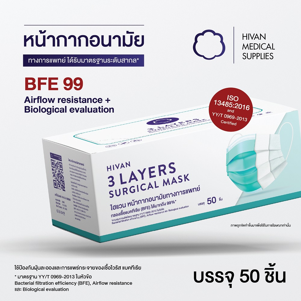 [พร้อมส่ง] ไฮแวน Hivan หน้ากากอนามัยทางการแพทย์ 50 ชิ้น สีเขียว หนา 3 ชั้น อย่างดี BFE n99 mask ทางก