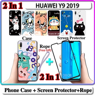 2 IN 1 เคส HUAWEI Y9 2019 เคส พร้อมกระจกนิรภัยโค้ง เซรามิค ป้องกันหน้าจอ แมว และโดราเอมอน