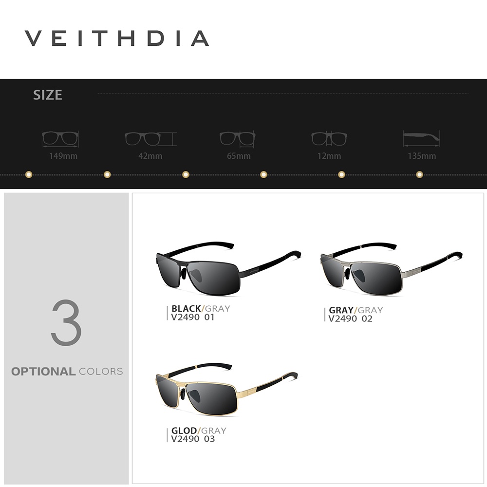 [พร้อมกล่อง] Veithdia 2490 แว่นตากันแดด เลนส์โพลาไรซ์ กรอบโลหะผสม ทรงสี่เหลี่ยมผืนผ้า คุณภาพสูง สไตล์วินเทจ เดินทาง กลางแจ้ง สําหรับผู้ชาย