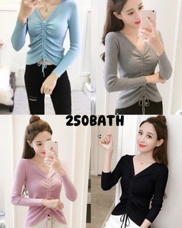 เสื้อรูดเอว ผ้าไหมพรม รุ่นแขนยาว ใส่สบาย เซ็กซี่นิดๆ ขายดีมาก