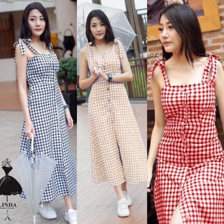 TwinsShopVip💗พร้อมส่ง TW9188 เดรสยาวลายสก็อตผูกไหล่  Long dress with plaid pattern tied at the shoulderLong dr