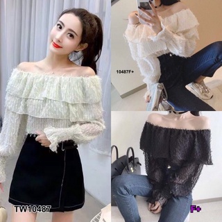 👗Pfashion [ส่งไว!!🚛] P10487 เสื้อปาดไหล่แต่งขนปุย Furry off-the-shoulder shirt