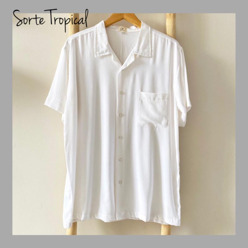 Kemeja PUTIH Sorte TRPICAL - เสื้อเชิ้ตชายหาดฮาวาย Unisex Casual Natural White Plain Rayon