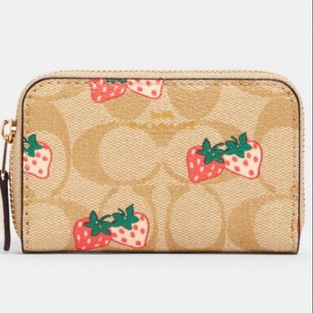 COACH 93678 ZIP AROUND COIN CASE IN SIGNATURE CANVAS WITH STRAWBERRY PRINT