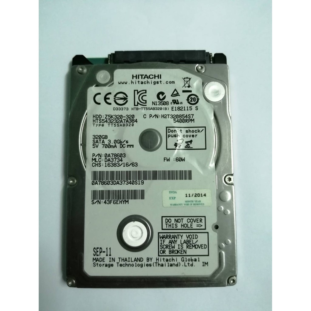 ฮาร์ดดิสโน๊ตบุ๊กมือสอง ยี่ห้อ HITACHI Z5K320-320 HDD 320GB SATA 2.5
