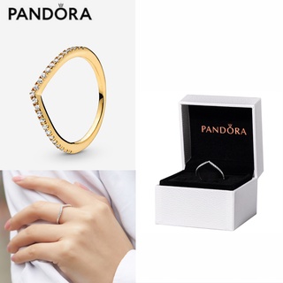 Pandora แหวนหมั้นแต่งงาน เงิน 925 ประดับเพทาย ทอง 18K รูปตัว V สําหรับผู้หญิง