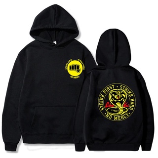 เสื้อกันหนาว เสื้อฮู้ดดี้ แบบสวมหัว ลาย Cobra Kai Season 3 Strike Hard First No Mercy สําหรับผู้ชาย