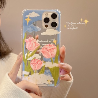 แฟชั่น ดอกไม้ ท้องฟ้าสีฟ้าและเมฆสีขาว กระจก เคส iPhone 14 13 12 11 pro max xs max x xr 7plus 8 plus se 2020 case หญิง กระจกแต่งหน้า เคสโทรศัพท์