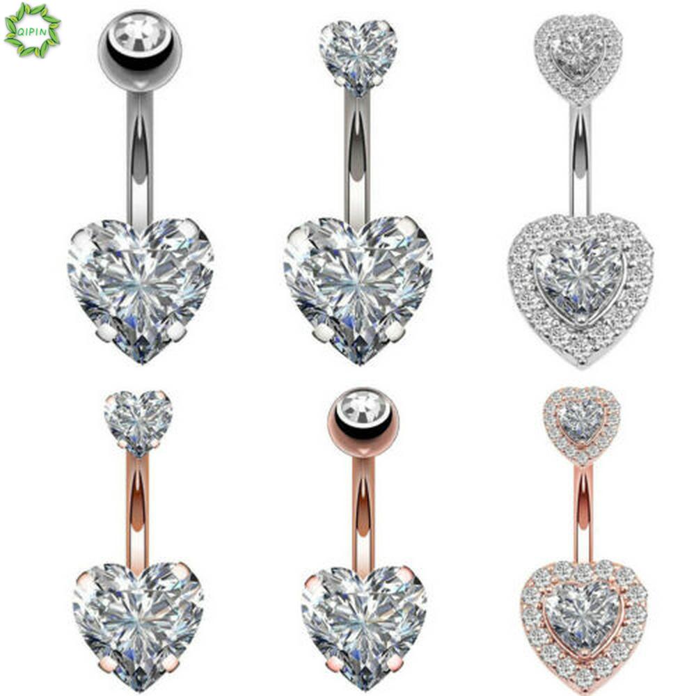 [COD/QIPIN] 1pc Navel Belly Button Ring Barbell Gold Silver Rhinestone Heart Piercing Sweet Jewelry