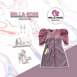 งานป้ายBELLA ROSE เดรสทรงไหล่ตั้ง กระดุมดอกไม้ สีชมพูนู้ดสวยหวาน ช่วงแขนปักโบว์ผ้า เนื้อผ้าดีค่า ใส่แล้วน่ารัก