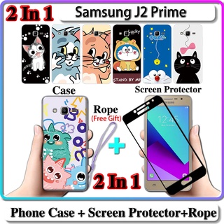 2 IN 1 เคส Samsung J2 Prime เคส พร้อมกระจกนิรภัยโค้ง ป้องกันหน้าจอเซรามิค แมวและโดราเอมอน