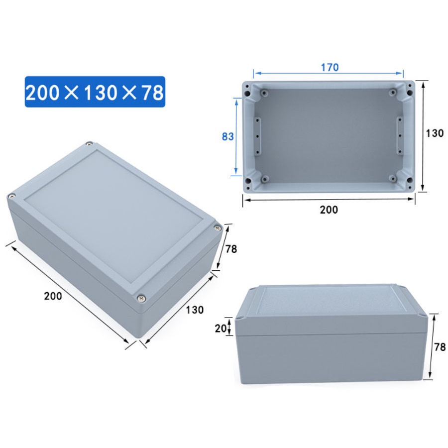 กล่องอลูมิเนียมกันน้ำ IP66 สีเทา ขนาด 200 X 130 X 78 มม.