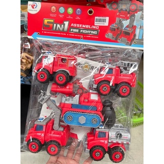 รถดับเพลิง 5 in 1 🚒 (คันใหญ่) รถประกอบ หุ่นยนต์ รถสีแดง รถไขน็อต รถของเล่น ของเล่น DIY