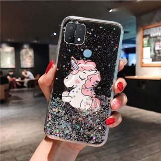 เคสโทรศัพท์ OPPO A15 Cartoon Glitter Bling Transparent Soft Cover Full Stars With Water Stand Holder Cute Unicorn Doraemon Frog Green Eyed Monster Casing OPPOA15