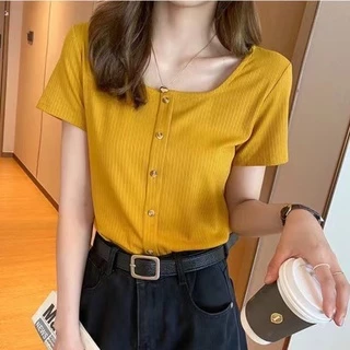 Korean version of the new lady retro French T-shirt square collar short sleeves