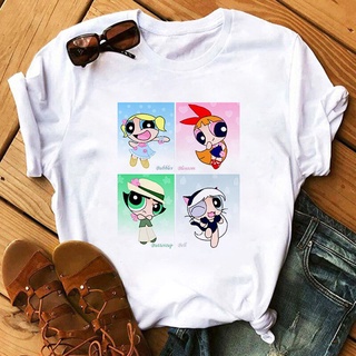 คอลูกเรือเสื้อยืด พิมพ์ลายการ์ตูนตํารวจ Powerpuff สไตล์ฮาราจูกุS-5XL