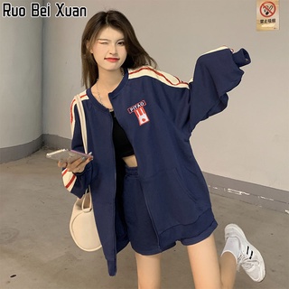 RUO BEI XUAN เสื้อกันหนาว，เสื้อแจ็คเก็ตสตรีสไตล์เกาหลีแขนยาวคาร์ดิแกนชุดเบสบอลแฟชั่นลำลองพิมพ์เสื้อแขนยาวคอวีขนาดใหญ่ Women เสื้อ เสื้อผู้หญิง เสื้อกันหนาว