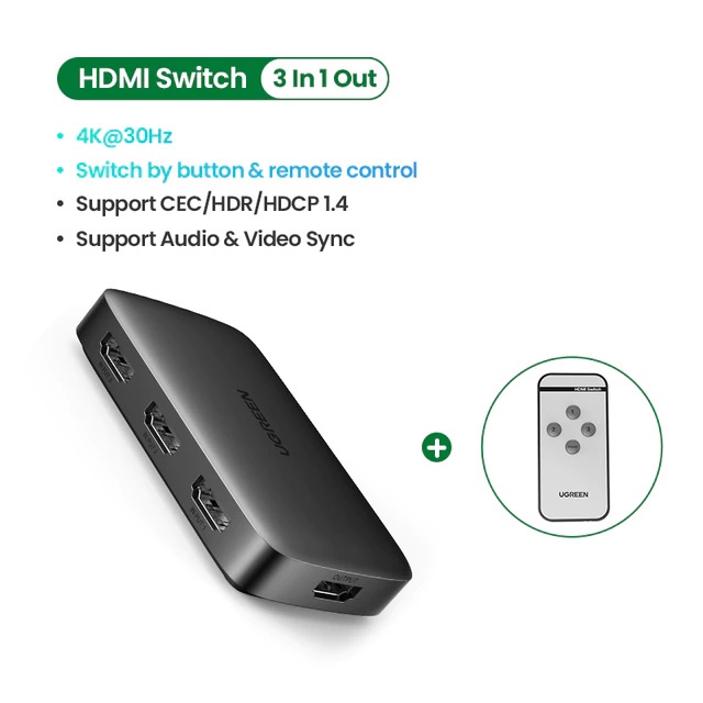 Ugreen (80125)HDMI Switch 3 In 1 Out HDMI Switcher 4K/30Hz for T V box PS4 Switch HDMI 4K with Contr