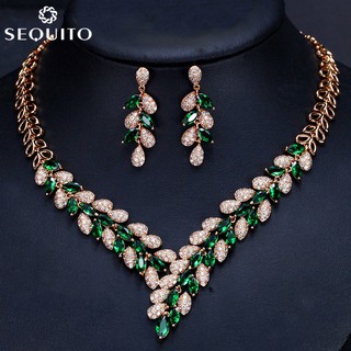 Sequito Marquise Cut Noble Design คุณภาพสูง สีเขียวมรกต CZ คริสตัล งานแต่งงานลึก V ชุดเครื่องประดับสีทองสําหรับผู้หญิง JS065