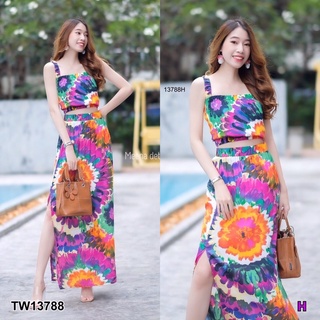 TW13788  Set 2 ชิ้น เสื้อมัดย้อมสายเดี่ยว สายรูดย่นเอวจั๊ม + กระโปรงผ่าข้าง ช่วงเอวใส่ยางยืดรอบเอว งานผ้าสปัน ผ้าพริ้ว