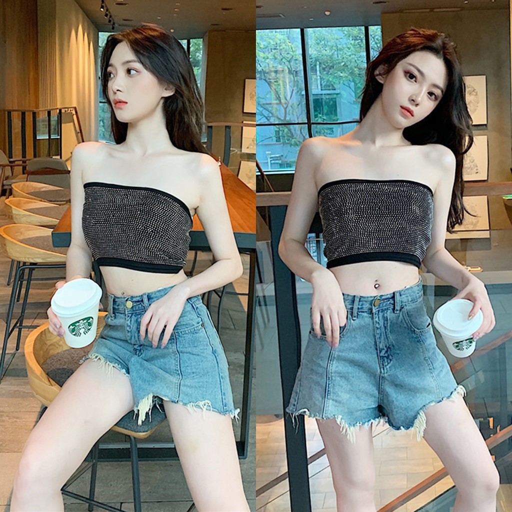 Korean เสื้อเกาะอก ปักเพชร ล้อมรอบ ผ้าเด้ง ยืดได้เยอะ เซ็กซี่ๆ