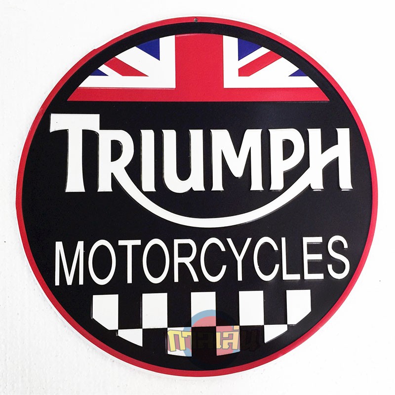 ป้ายแต่งร้านกาแฟ ป้ายแต่งโรงรถ ร้านเหล้า ป้ายสังกะสีวินเทจ Triumph ไทรอั้มพ์ (ปั้มนูน)