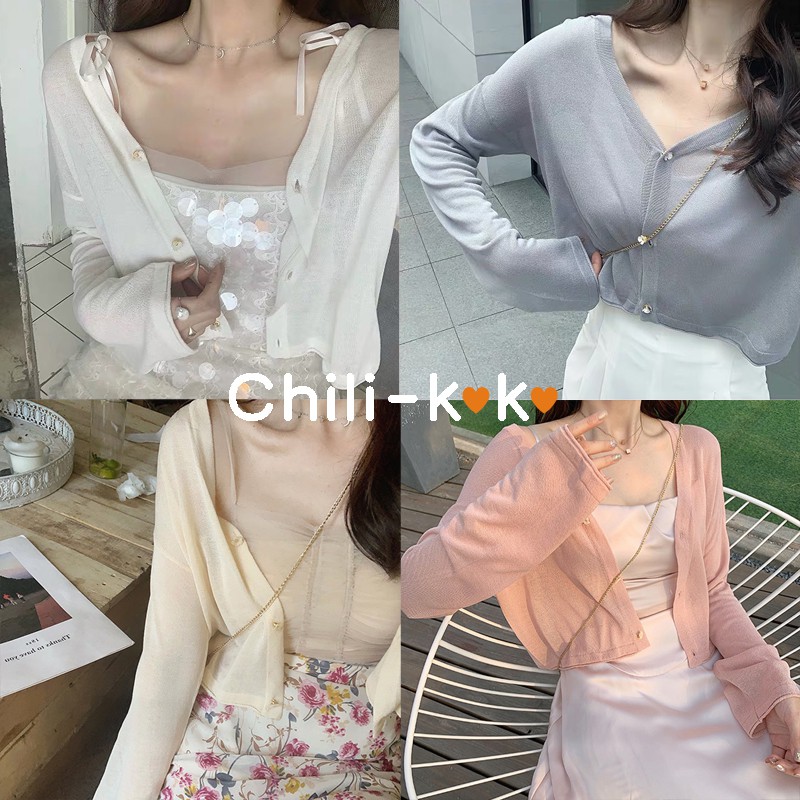 Chili_k k 2977 เสื้อแขนยาว เสื้อไหมคลุมไหมพรม กระดุมรูปดอกไม้ สไตล์สายหวาน