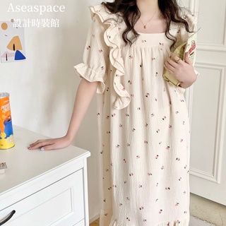 A aseaspace · ชุดนอนกระโปรง แขนสั้น ลายดอกไม้ สไตล์เกาหลี สําหรับสตรี