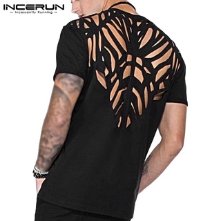 Incerun เสื้อยืดลําลอง แขนสั้น สีดํา ฉลุลาย สําหรับผู้ชาย