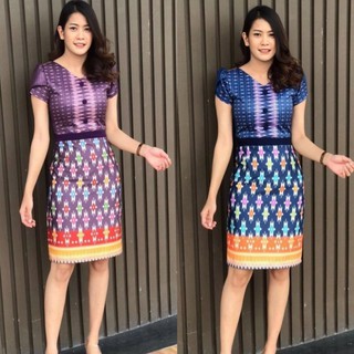 เดรสผ้าไทยกราฟฟิกทรงเอผ้าอัดกาวทั้งชุดแขนกลีบบัวงานจคิงสวยผ้าคาดช่วงเอวแต่งลายผ้าสีสันสดใสสีไม่ตกซักไม่หดแต่งกระดุมหน้า3