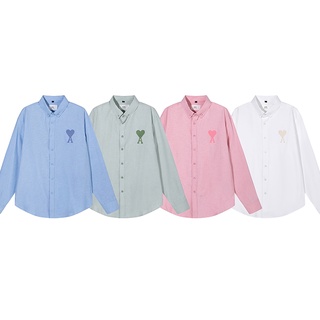 ใหม่ Ami Paris สีแดง รัก หัวใจ เย็บปักถักร้อย เสื้อเชิ้ตแขนยาว พิมพ์ลาย เสื้อเชิ้ต ผ้าออกซ์ฟอร์ด ลําลอง คู่รัก