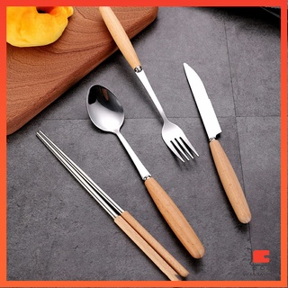 ชุด มีด ช้อน ส้อม ตะเกียบ วัสดุสแตนเลสและไม้ ช้อนส้อมด้ามไม้ ช้อนข้าว Stainless steel cutlery