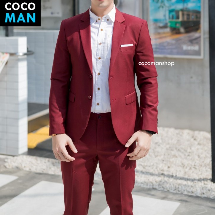 COCO-MAN เสื้อสูทกระดุม 2 เม็ด สีไวน์แดง หรือแดงเบอร์กันดี (แดงเลือดหมู) ชุดสูทผู้ชาย มีกางเกงเข้าชุ