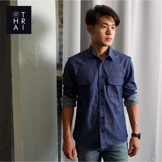 CHATRI [ชาตรี] - เสื้อเชิ้ตแขนยาวผ้าคอตตอนสียีนกระเป๋าคู่ -(Long Sleeve Cotton - Jean color)