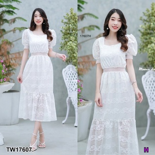 เดรสยาวมินิมอล ผ้าลูกไม้ คอเหลียมแขนพอง MM17607 Minimal long dress, lace fabric, puffy sleeves.